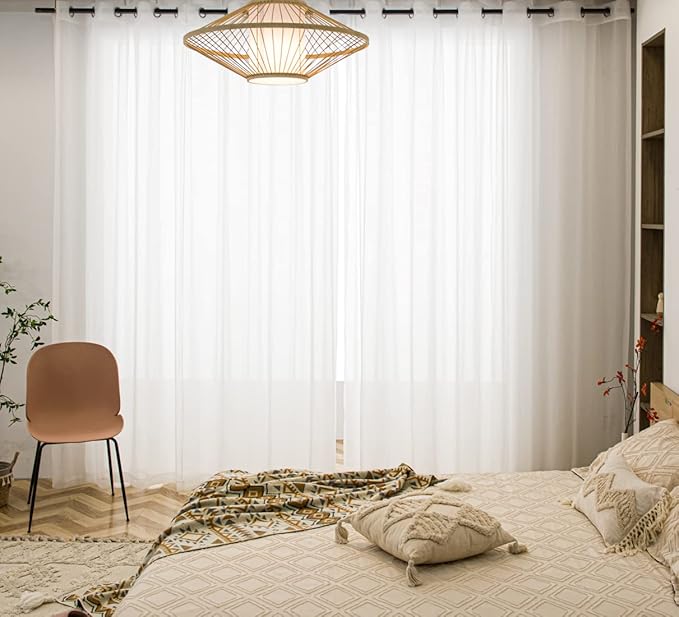 PI Long Sheer Curtains 108 Inches Length,Grommet Top Voile Elegant Window Draperies for Dining Room 2 Panels Set (W52 X L108, Beige)
