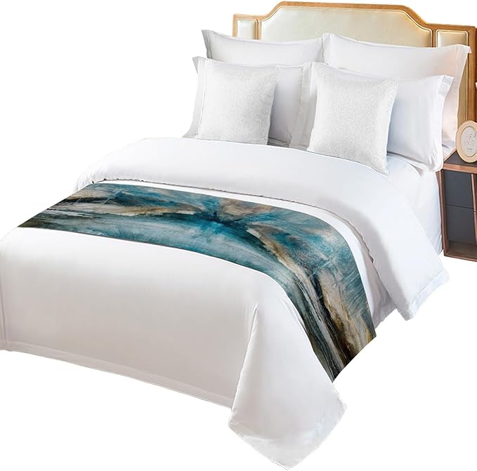Abstract Mottled Turquoise Green Gray Art Bed Runners for Bedroom Hotel,Decorative Bedding Scarf Retro Painting Bed End Blanket Bedding Runner Scarves for Full Size Bed,83x20in