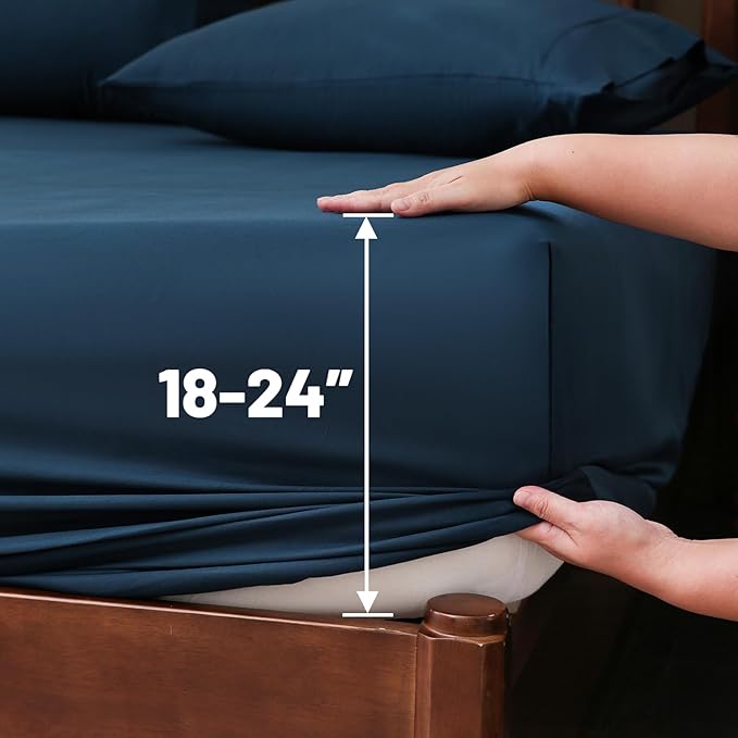 Extra Deep Pocket Queen Sheets 18-24 Inch 100% Egyptian Cotton 1000 Thread Count Sateen Weave Soft Breathable 4 Pieces（Queen,Navy）
