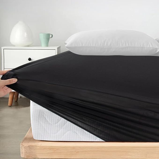RV Queen Sheets Fitted Only, 60" X 75” Short Queen Sheet for RV Camper, Super Soft & Cozy RV Bed Sheets for RV Bunk with Deep Pocket up to 14", Cooling Jersey Mattress Bottom Sheets, Black