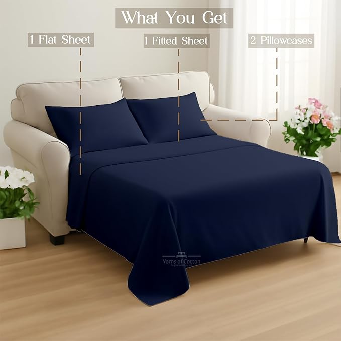 Sleeper Sofa 4 Piece Bed Sheet Set Premium Quality 100% Cotton 500 Thread Count, Smooth & Super Soft Sateen Weave, Extra Soft Bed Sheets, Wrinkle Free, 6 Inch Deep Pocket (Full, Navy)