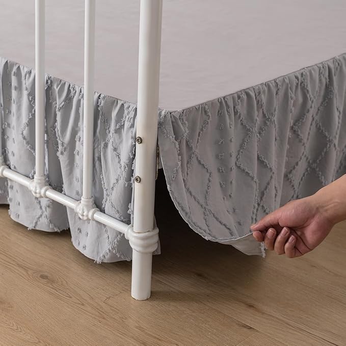 Bed Skirt Full Size Ruffled Bed Skirt with Split Corners, 18 Inch Drop Dust Ruffle Bed Skirts with Platform, Boho Tufted Shabby Chic Full Size Bed Skirts, Light Grey