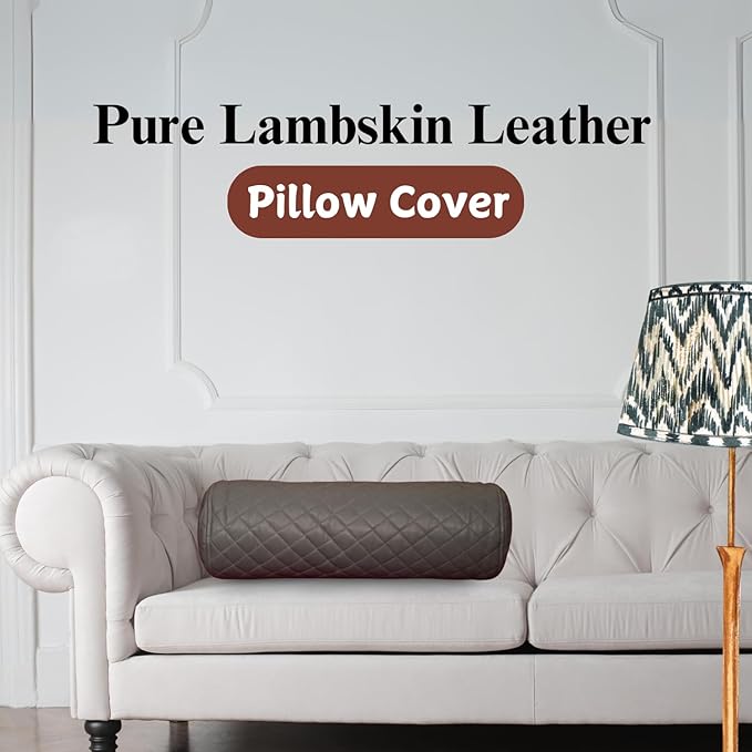 Neck Roll Pillow Cushion Cover, 16x5 Inch Full Moon Round Bolster Pillow Case, Cylinder Soft Lambskin Leather Pillowcase for Head, Spine & Neck Support During Sleep - Quilted Grey Pack of 1