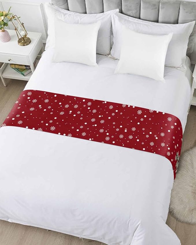 Christmas Tree Snowflakes Snowman Bed Runners for Bedroom Hotel,Decorative Bedding Scarf Red White Green Bed End Blanket Bedding Runner Scarves for Queen Size Bed,94x20in
