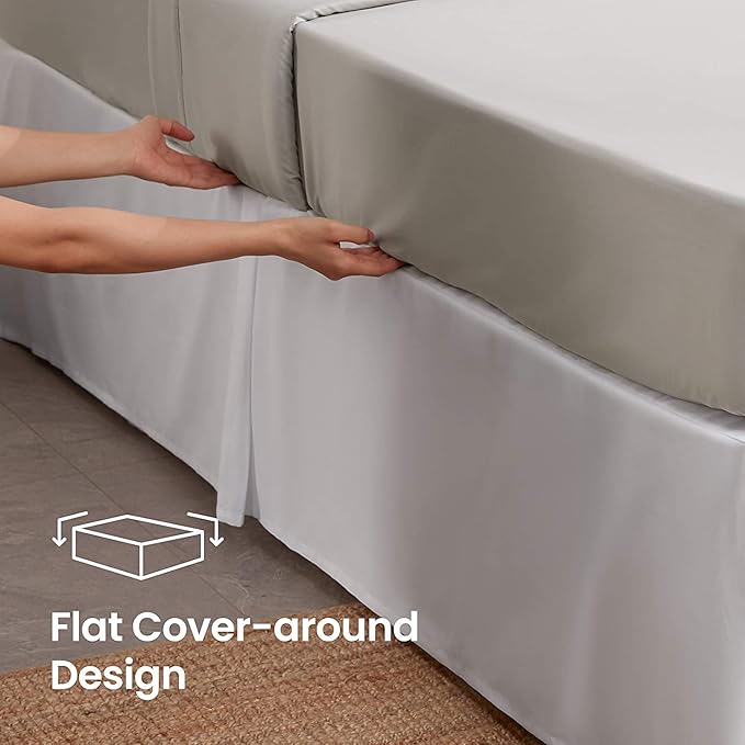 Queen Size Bed Skirt 600 TC Egyptian Cotton 18 Inch Drop Easy Fit - Bed Skirt for Queen 60x80 Inch Beds - Center & Corner Pleats, White Solid