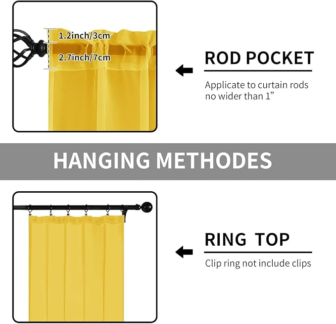 Sheer Curtains 84 Inches Long 2 Panels, Rod Pocket Short Curtain for Kitchen, Bedroom, Cafe Window(Yellow 38" W x 84" L)