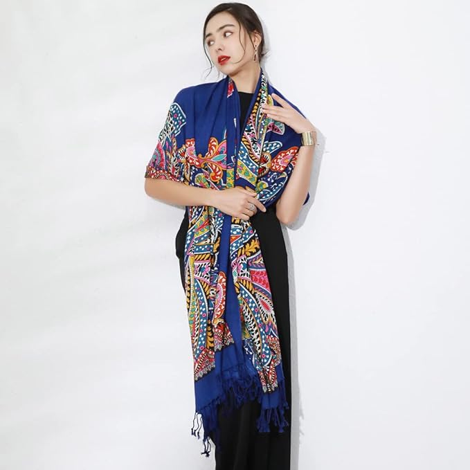 DANA XU 100% Merino Wool Pashmina Shawl for Women 96"x43", Oversized Cashmere Wrap with Tassels, Floral Travel Blanket Cape