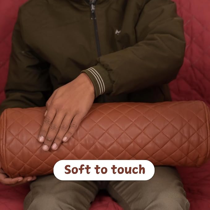 Neck Roll Pillow Cushion Cover, 24x6 Inch Full Moon Round Bolster Pillow Case, Cylinder Soft Lambskin Leather Pillowcase for Head, Spine & Neck Support During Sleep - Quilted Brown Pack of 1