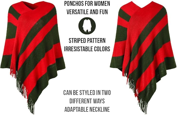 Ferand Women's Striped Poncho Sweater Cozy Knit Fringe Shawl Wraps for Fall Winter