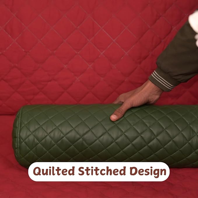 Neck Roll Pillow Cushion Cover, 14x7 Inch Full Moon Round Bolster Pillow Case, Cylinder Soft Lambskin Leather Pillowcase for Head, Spine & Neck Support During Sleep - Quilted Dark Green Pack of 2