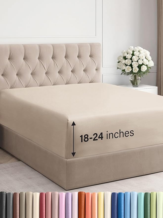 Extra Deep King Fitted Sheet - Hotel Luxury Single Fitted Sheet Only - Easily Fits 18 inch to 24 inch Mattress - Ultra Soft, Wrinkle Free w/Extra Deep Pockets - Easy-Care, Breathable & Comfy - Wheat