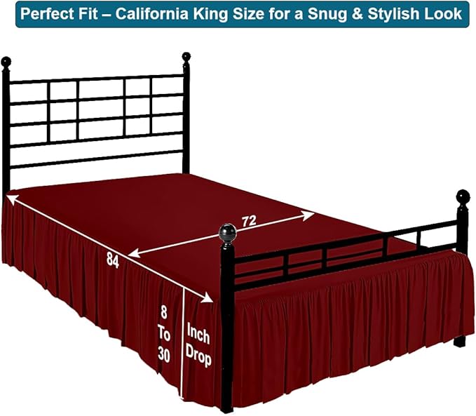 Shreem Linen Ruffled Bed Skirt with Split Corners, Gathered Style, 100% Microfiber, 24-Inch Drop, Dust Ruffle Bedskirt with Platform, Cal-King, Burgundy
