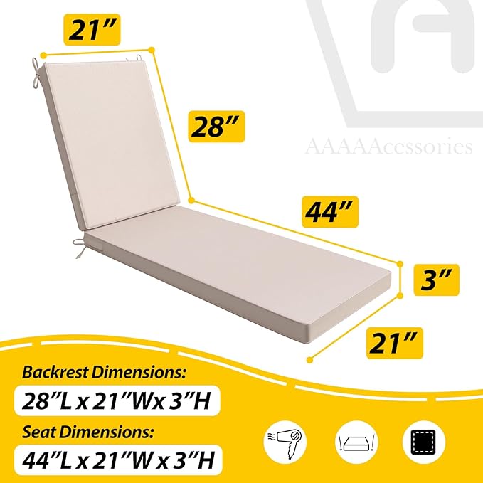 AAAAAcessories Outdoor Chaise Lounge Cushions, Waterproof, Fade-Resistant Patio Furniture Replacement Cushions, 72" x 21" x 3", Khaki Beige