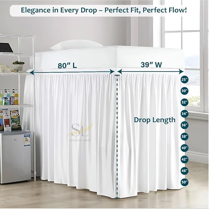Shreem Linen Dorm Room Bed Skirt Twin XL 25 Inch Drop, 100% Microfiber Extra Long Bedskirt, White