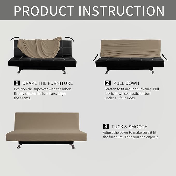 Easy-Going Stretch Futon Slipcover Armless Futon Bed Cover Furniture Protector Without Armrests with Elastic Bottom for Kids, Soft Jacquard Fabric Small Checks (Medium, Natural)