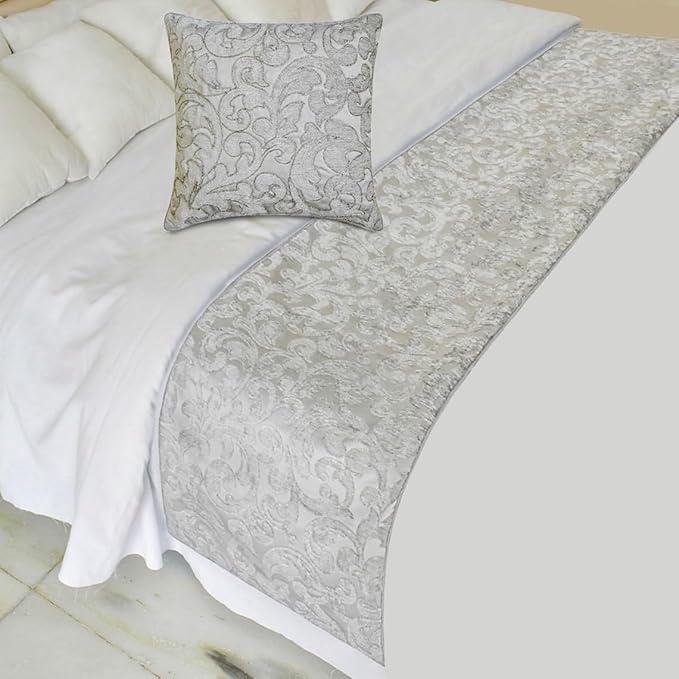 The HomeCentric King/Queen/Twin Silver Decorative Full 68"x18" Bed Runner Without Pillow Cover, Abstract, Floral, Bead Hand Embroidery Bed Scarf on Jacquard Fabric - Ethereal Silver