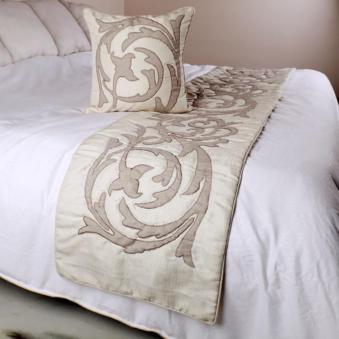 The HomeCentric Decorative Ivory & Beige CA King 86 x 18 inch Bed Runner with Pillow Cover, Linen Lurex Applique Bed Scarf, Abstract Modern - Pretty Dainty