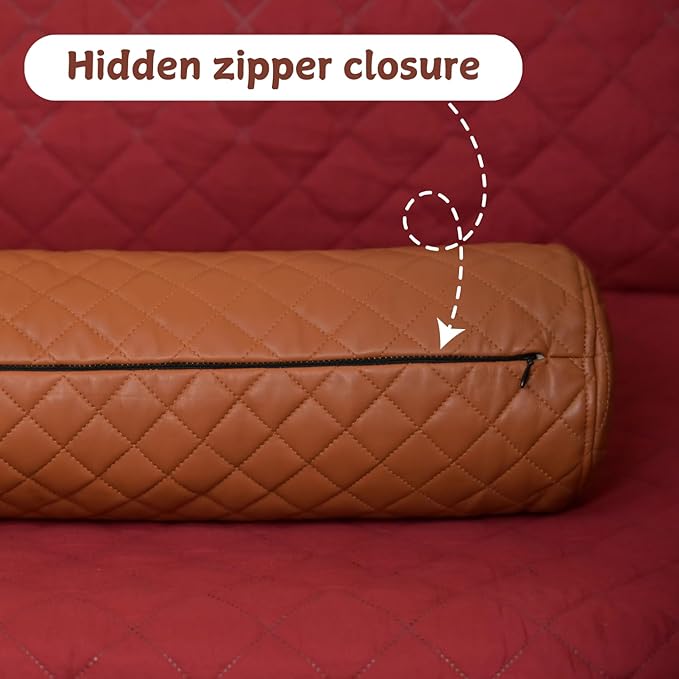 Neck Roll Pillow Cushion Cover, 22x7 Inch Full Moon Round Bolster Pillow Case, Cylinder Soft Lambskin Leather Pillowcase for Head, Spine & Neck Support During Sleep - Quilted Tan Pack of 2