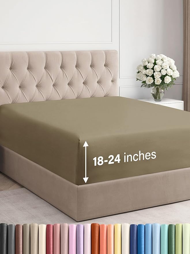 Extra Deep Queen Fitted Sheet - Hotel Luxury Single Fitted Sheet Only - Easily Fits 18 inch to 24 inch Mattress - Ultra Soft, Wrinkle Free w/Extra Deep Pockets - Easy-Care, Breathable & Comfy - Khaki