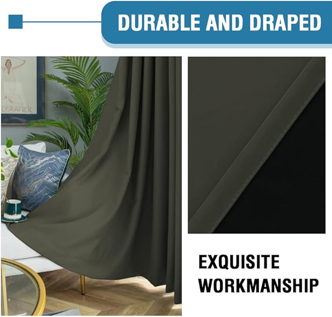 H.VERSAILTEX 100% Blackout Curtains for Bedroom Thermal Insulated Blackout Curtains 63 inch Length Heat and Full Light Blocking Curtains for Living Room with Black Liner 2 Panels Set, Olive