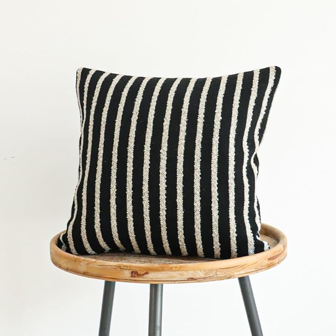 Jonhier Black Striped Boho Throw Pillow Cover, Modern Boucle Textured Square Pillowcase for Sofa Couch Bed, Neutral Farmhouse Accent Decorative Cushion Cover for Living Room Bedroom, 20 x 20 inch