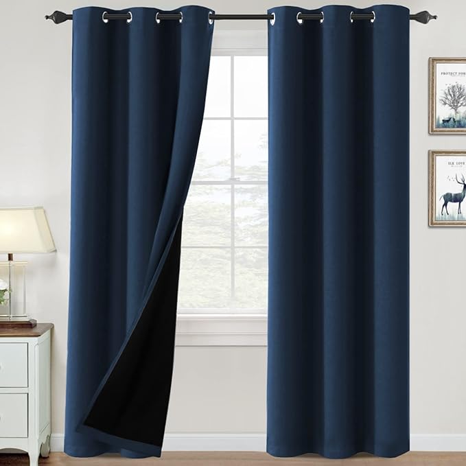 H.VERSAILTEX 100% Blackout Curtains for Bedroom Thermal Insulated Blackout Curtains 84 inch Length Heat and Full Light Blocking Curtains for Living Room with Black Liner 2 Panels Set, Navy