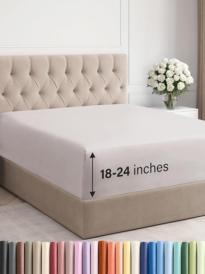 Extra Deep Queen Fitted Sheet - Hotel Luxury Single Fitted Sheet Only - Easily Fits 18 inch to 24 inch Mattress - Ultra Soft, Wrinkle & Fade Free w/Extra Deep Pocket - Breathable & Comfy - Light Grey