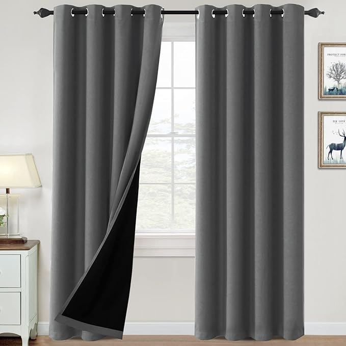 H.VERSAILTEX 100% Blackout Curtains for Bedroom Thermal Insulated Blackout Curtains 108 inch Length Heat and Full Light Blocking Curtains for Living Room with Black Liner 2 Panels Set, Grey
