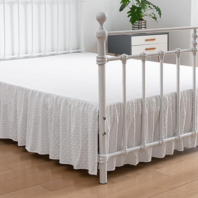 Tufted Dot Bed Skirt Queen Size Ruffled Bed Skirt with Split Corners, 14 Inch Drop Dust Ruffle Bed Skirts with Platform, White
