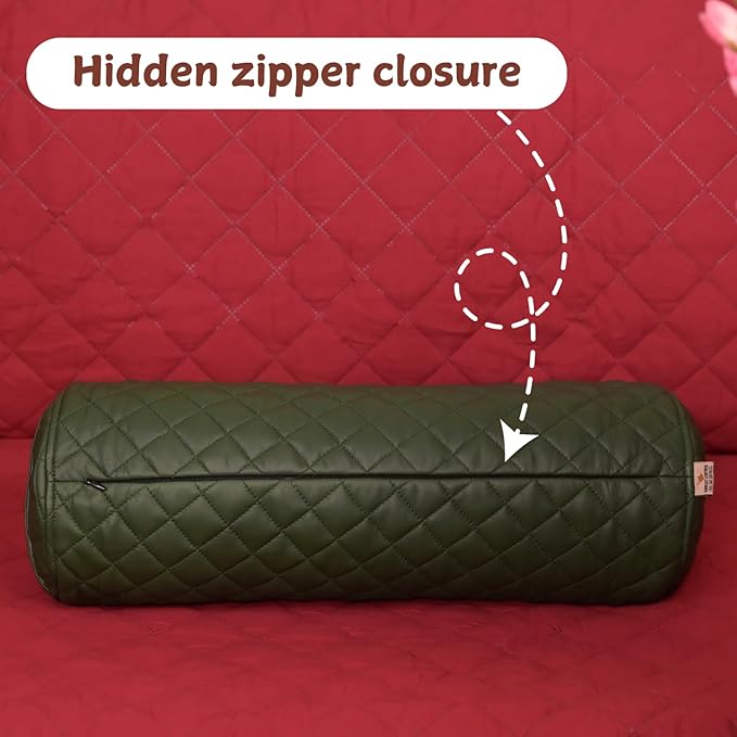 Neck Roll Pillow Cushion Cover, 18x7 Inch Full Moon Round Bolster Pillow Case, Cylinder Soft Lambskin Leather Pillowcase for Head, Spine & Neck Support During Sleep - Quilted Dark Green Pack of 1