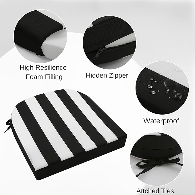 idee-home Outdoor Chair Cushions Set of 2, Thick 17" x 17" x 3" Outdoor Seat Cushions Patio Furniture Waterproof with Ties, Dining Pads