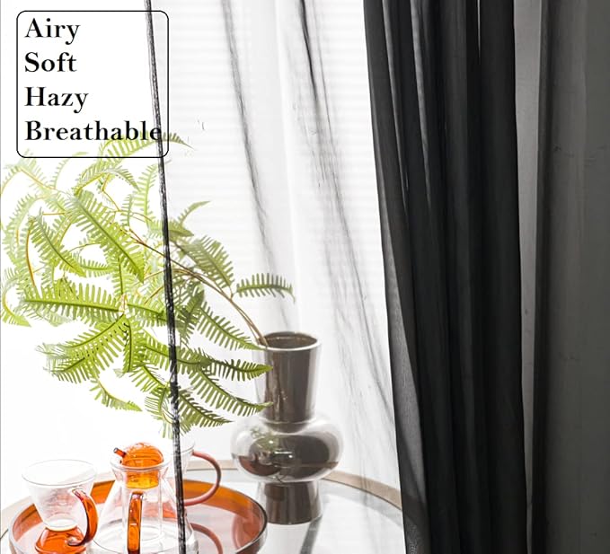 PI Sheer Curtains 95 Inches Length with Grommets,Soft Voile Textured,Modern Home Decoration Draperies for Villa/Loft 2 Panels (W52 X L95, Black)
