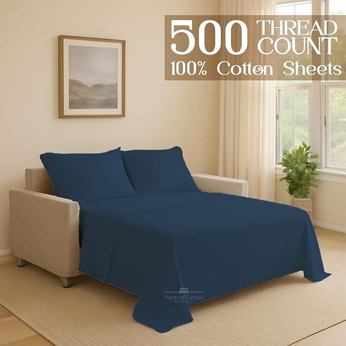 Sleeper Sofa 4 Piece Bed Sheet Set Premium Quality 100% Cotton 500 Thread Count, Smooth & Super Soft Sateen Weave, Extra Soft Bed Sheets, Wrinkle Free, 8 Inch Deep Pocket (Twin, Medium)
