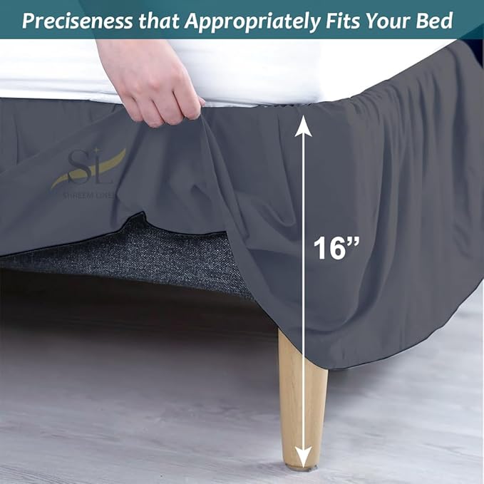 Shreem Linen Ruffled Bed Skirt with Split Corners, Gathered Style, 100% Microfiber, 16-Inch Drop, Dust Ruffle Bedskirt with Platform, Short Queen, Dark Grey