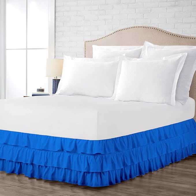 Multi-Ruffle Bed Skirt, Soft Multi Elastic Dust Ruffles with Wrap Around Bed Skirt Easy Fit with 18 Inch Drop 100% Cotton 800 Thread Count (Short Queen, Royal Blue)