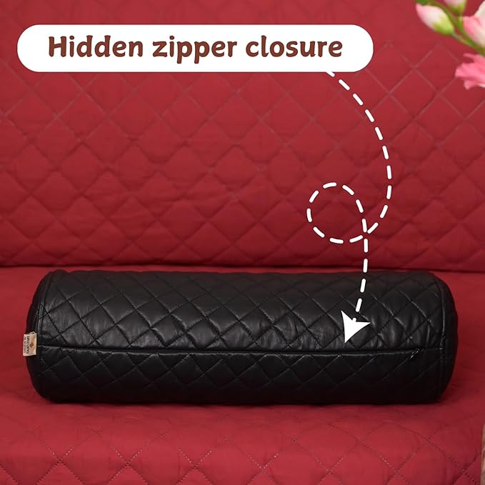 Neck Roll Pillow Cushion Cover, 14x7 Inch Full Moon Round Bolster Pillow Case, Cylinder Soft Lambskin Leather Pillowcase for Head, Spine & Neck Support During Sleep - Quilted Black Pack of 2