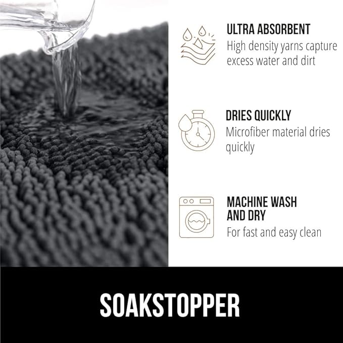 GORILLA GRIP SOAKSTOPPER Dog Door Mat, 48x30 Machine Washable Rug Absorbent Doormat Captures Moisture Mud Dirt, Quick Dry Soft Chenille Entryway Rugs Indoor Entrance Mats for Dog Paws, Charcoal
