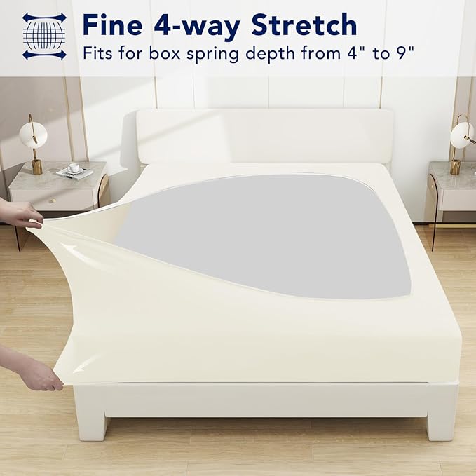 PureFit Stretchy Box Spring Cover Full - Elastic Fitted Box Spring Wrap Around 4 Sides, Wrinkle & Fading Resistant Fits Full Size Beds, Ivory