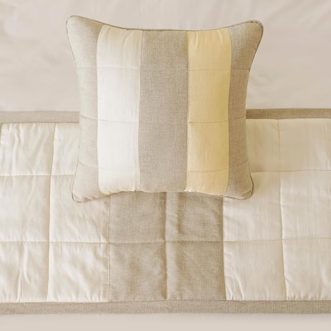 The HomeCentric King/Queen/Twin Beige Decorative CA King 86"x18" Bed Runner with Pillow Cover, Color Block, Patchwork, Quilted, Silk, Linen & Striped Bed Scarf on Linen & Silk Fabric - Alikka