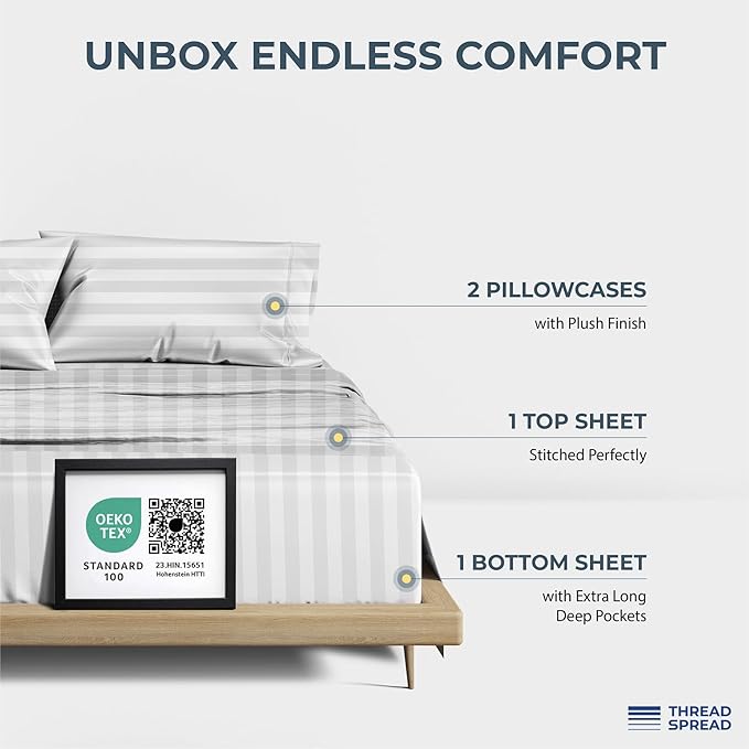 THREAD SPREAD Egyptian Cotton Sheets King Size - 1500 Thread Count 4 PC Damask Sheet Set Egyptian Cotton, Luxury Sheet King Size, Soft, Cooling Deep Pocket Sheets, Fits Upto 19" - White Stripe