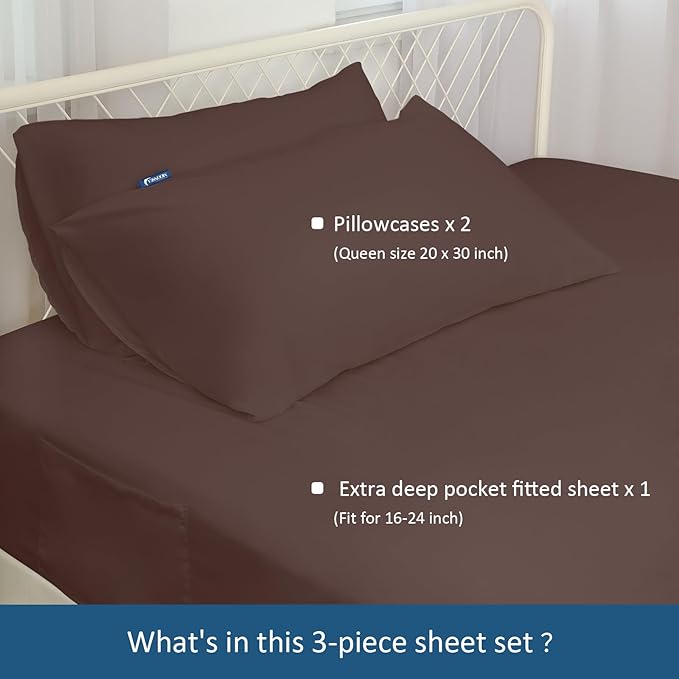 Moonsea Queen Sheet Set for Air Mattress - Sheets Queen Size Bed Set - 3Pcs Side Storage Pocket Fitted Sheet & Pillowcases Easily Fits 16in to 24in Pillow Top Air Bed Mattress - Brown