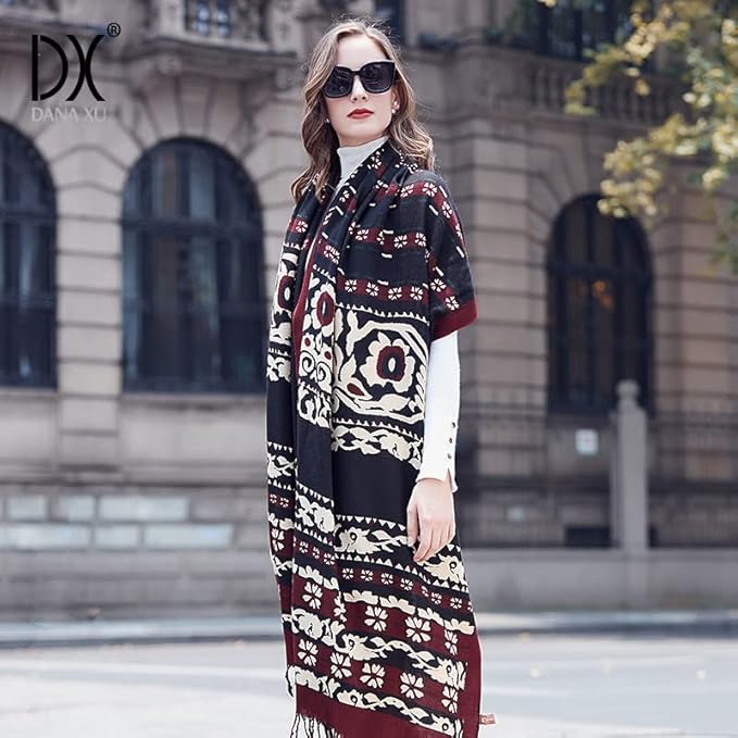 DANA XU 100% Merino Wool Pashmina Shawl for Women 96"x43", Oversized Cashmere Wrap with Tassels, Floral Travel Blanket Cape