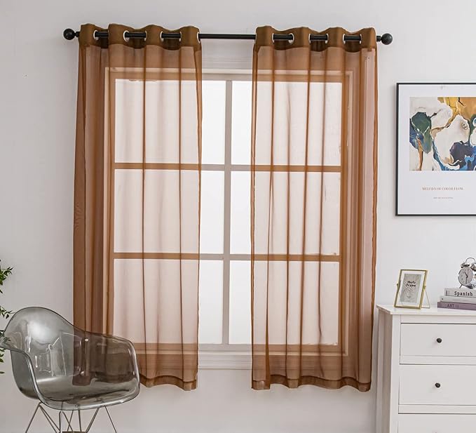 PI Sheer Curtains with Grommets,Flat Seam Sheer Window Treatment for Office/Dinning Room 2 Panels (W52 X L72, Brown)