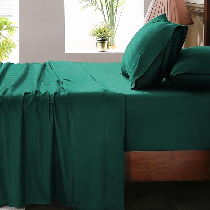 Extra Deep Pocket Queen Sheets 18-24 Inch 100% Egyptian Cotton 1000 Thread Count Sateen Weave Soft Breathable 4 Pieces（Queen,Dark Green）