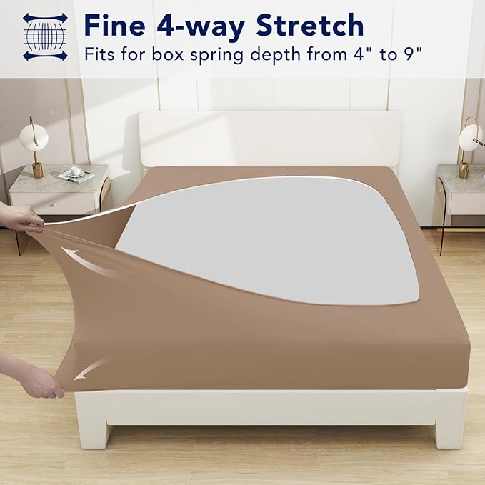PureFit Stretchy Box Spring Cover King - Elastic Fitted Box Spring Wrap Around 4 Sides, Wrinkle & Fading Resistant Fits King and C-King Size Beds, Camel