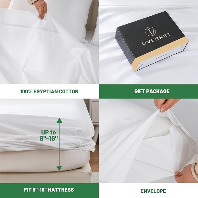 Egyptian Cotton Sheets Full Size 4PCS 1000 Thread Count Sateen Weave Soft Breathable 16-Inch Deep Pocket （Full,White）