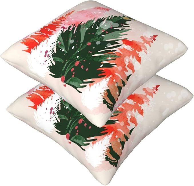 bassyil Christmas Tree Watercolor Throw Pillow Covers Decorative Linen Pillow Cases Set of 2 Square Cushion Cover for Couch Sofa Bedroom Patio 18x18 Inch