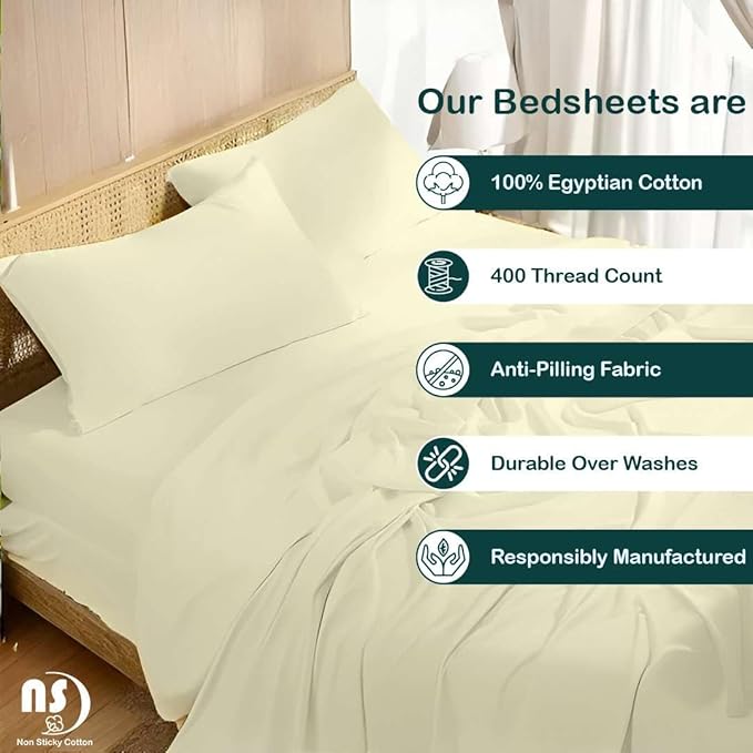 NON Sticky cotton Twin Size Sleeper Sofa Sheets, 4 Piece Egyptian Cotton Bed Sheet Set for Sofa Bed, 8" Deep Pocket for Pull Out Couch Mattress, 39" x 75", Ivory Solid, Soft & Breathable