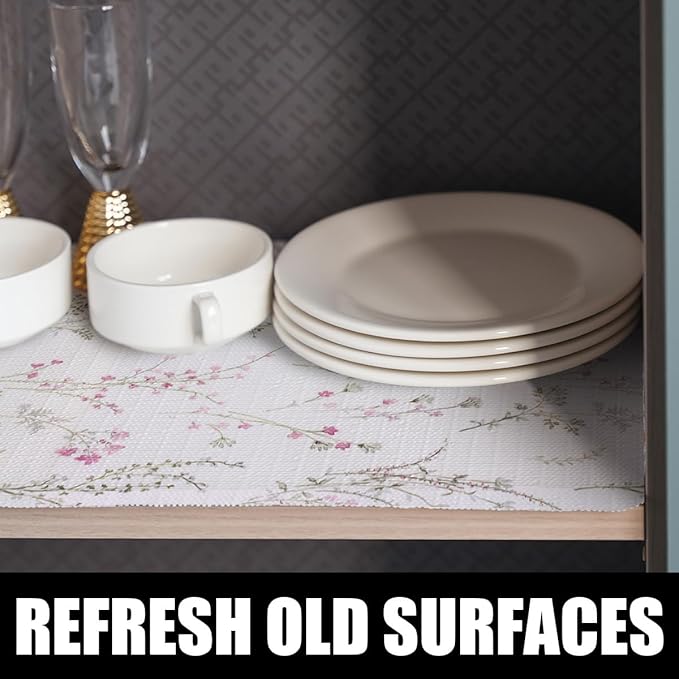 Floral Drawer and Shelf Liner for Cabinets 16IN x 10FT, Non-Adhesive and Strong Non-Slip Flower Shelf Cabinet Drawer Liners for Kitchen,Table,Bookshelves,Waterproof Cupboard Liner