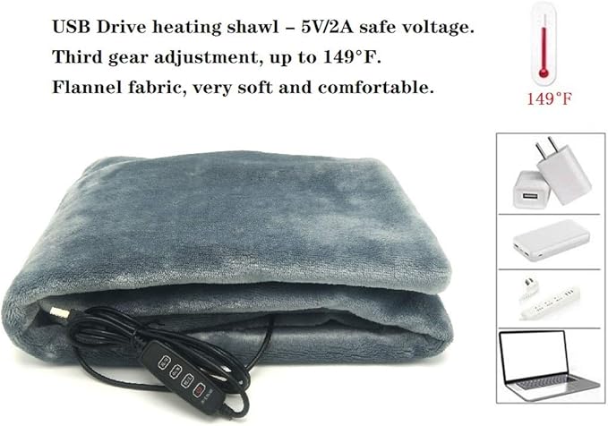 USB Heated Blanket/Shawl/Throws, 35"X23" Flannel Heating Cushion Pad Blanket for All Occasions Including Outdoor - 3 Heat Settings and 3-Hour Auto-Off (Gray)